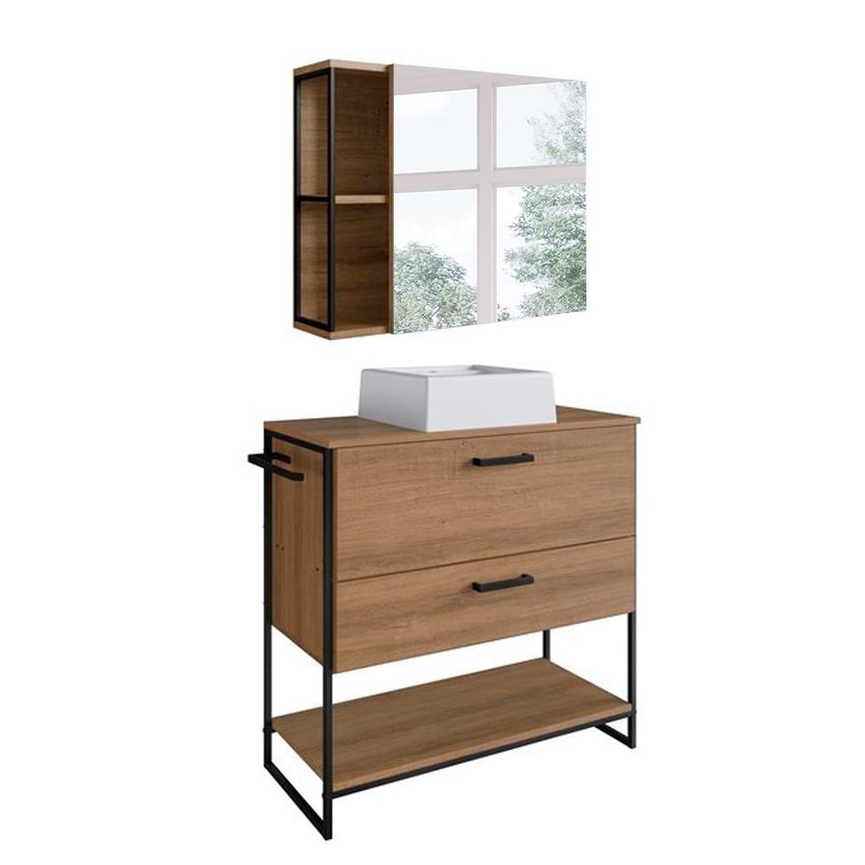 Conjunto de Gabinete de Banheiro Paricel 1 PT e 1 GV com Cuba Ametista Branca e Espelheira Angel 1 PT Preto e Mel - 2