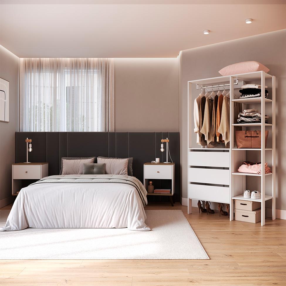 Conjunto de Guarda-Roupa Closet Modulado Dormitório 3 GV e 2 Mesas de Cabeceira Retrô 1 GV Branco e Mel - 1