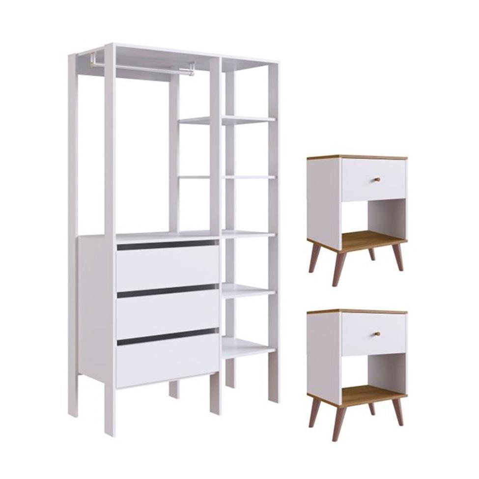 Conjunto de Guarda-Roupa Closet Modulado Dormitório 3 GV e 2 Mesas de Cabeceira Retrô 1 GV Branco e Mel - 2