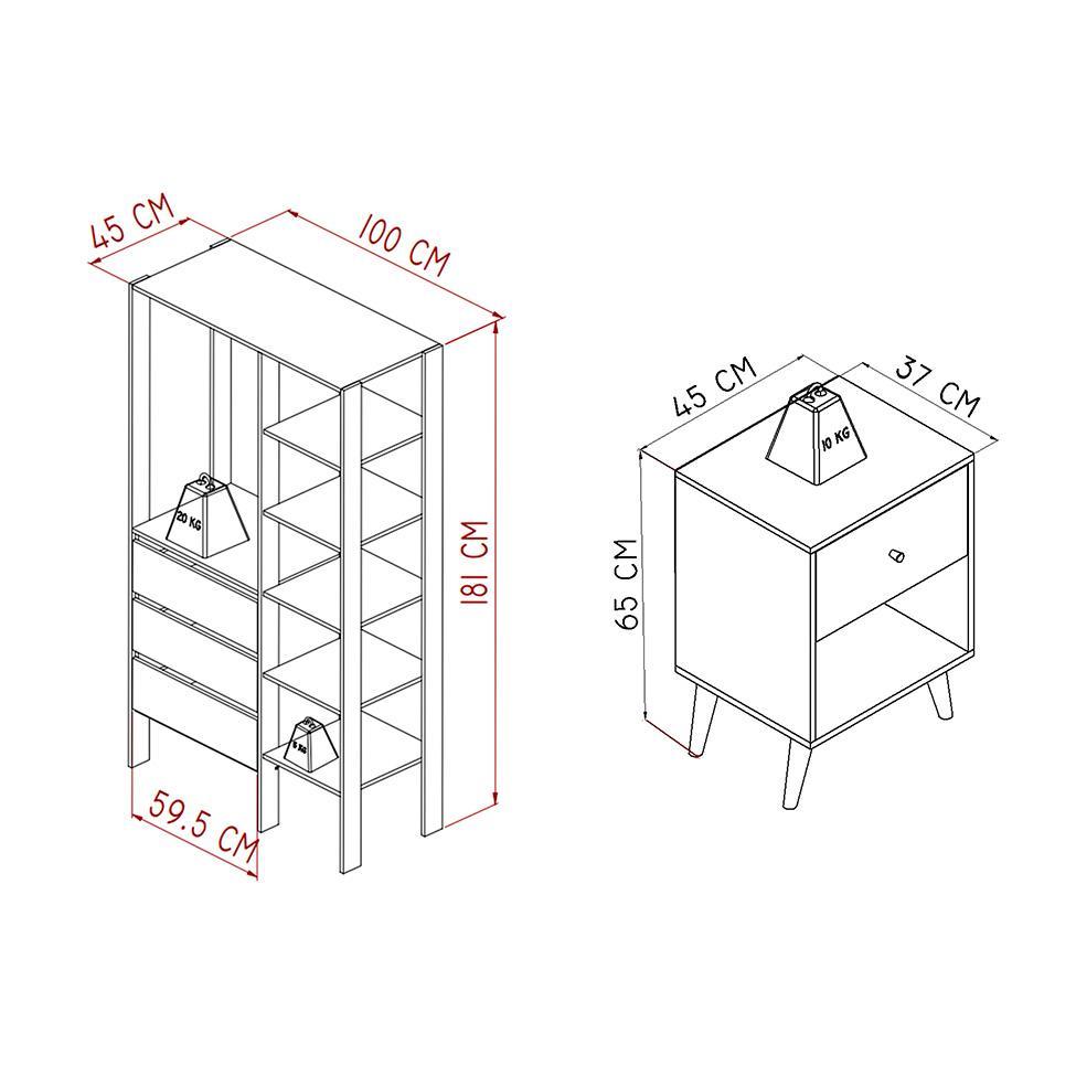 Conjunto de Guarda-Roupa Closet Modulado Dormitório 3 GV e 2 Mesas de Cabeceira Retrô 1 GV Branco e Mel - 3