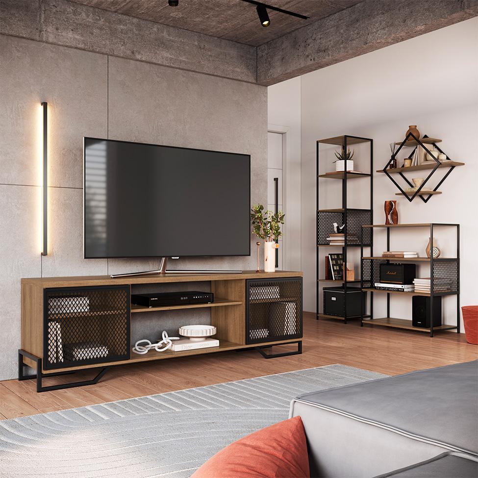 Conjunto para Sala de Estar Paricel com Rack 2 PT, Prateleira Diamante, Estante 40cm e Estante 77cm Preto e Mel - 1