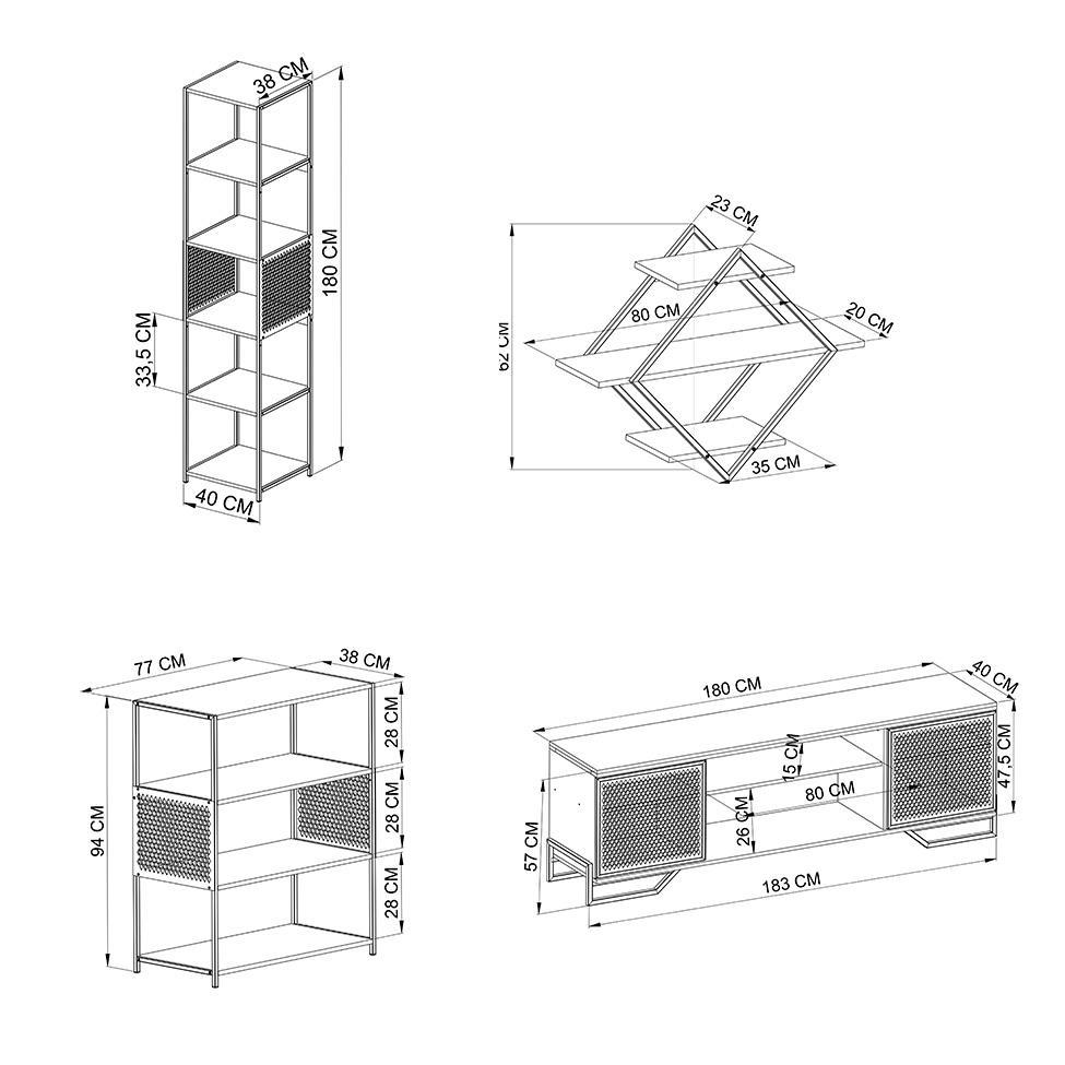 Conjunto para Sala de Estar Paricel com Rack 2 PT, Prateleira Diamante, Estante 40cm e Estante 77cm Preto e Mel - 3