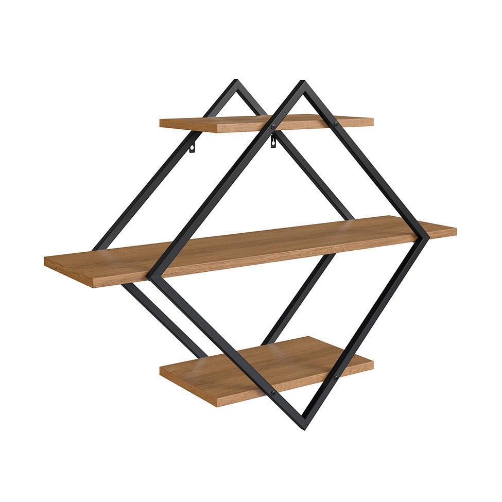 Conjunto para Sala de Estar Paricel com Rack 2 PT, Prateleira Diamante, Estante 40cm e Estante 77cm Preto e Mel - 7