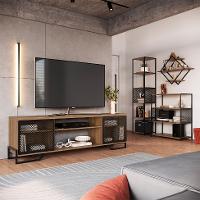 Conjunto para Sala de Estar Paricel com Rack 2 PT, Prateleira Diamante, Estante 40cm e Estante 77cm Preto e Mel - 1