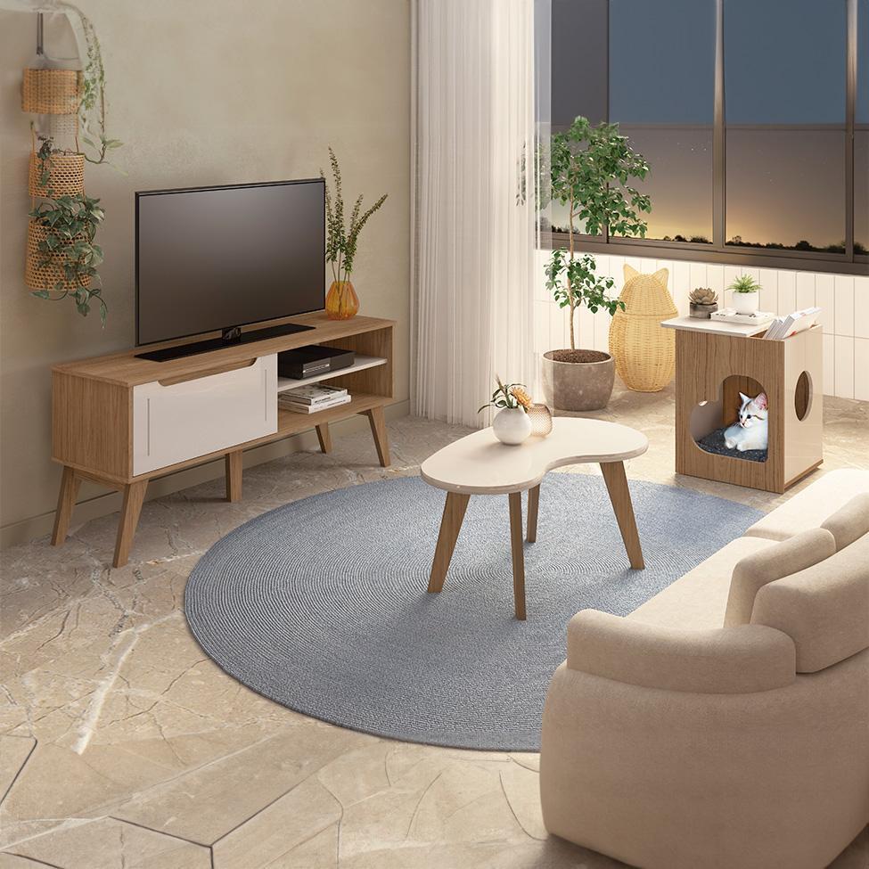 Conjunto para Sala de Estar Lotus com Rack para TV até 60 Polegadas, Mesa de Centro e Mesa Lateral Carvalho e Off White - 1