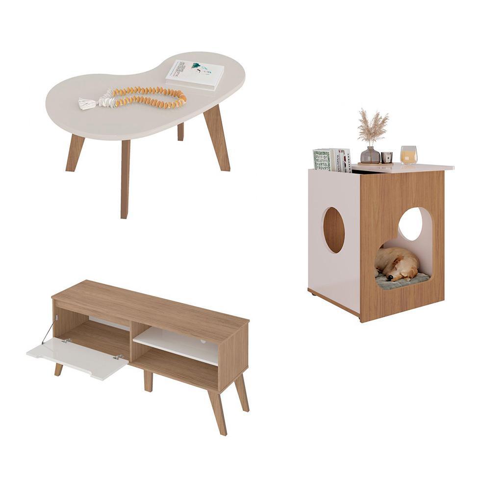 Conjunto para Sala de Estar Lotus com Rack para TV até 60 Polegadas, Mesa de Centro e Mesa Lateral Carvalho e Off White - 2