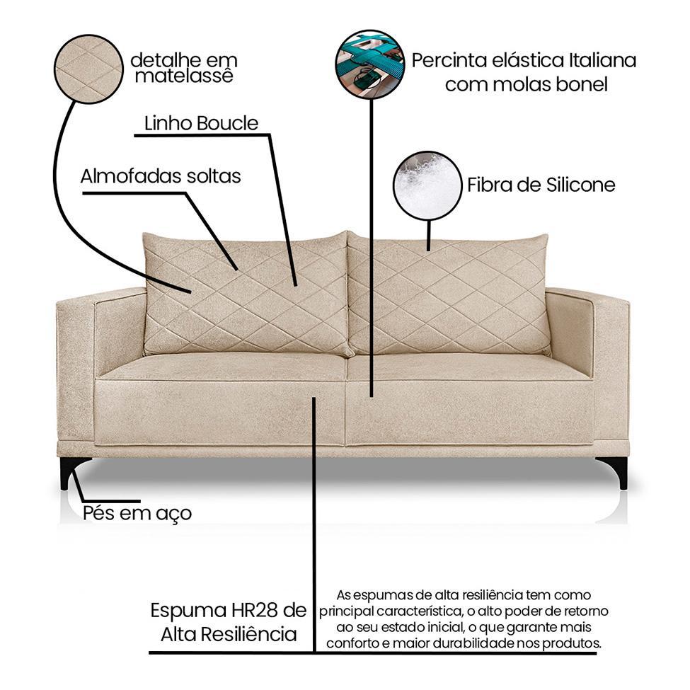 Sofá 3 Lugares Eros Linho Bouclê Bege 200 cm - 8