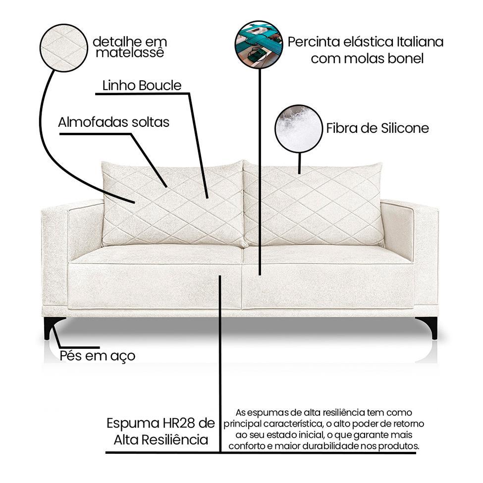 Sofá 3 Lugares Eros Linho Bouclê Off White 220 cm - 8