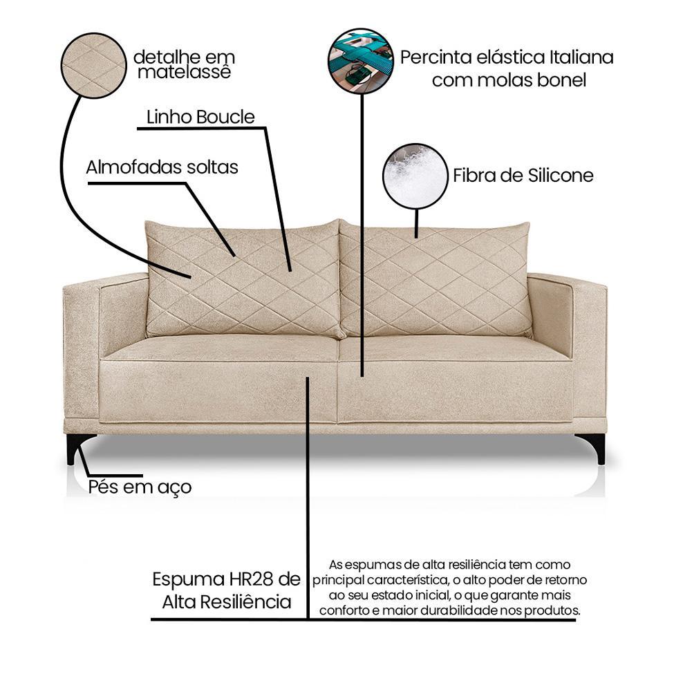 Sofá 3 Lugares Eros Linho Bouclê Bege 180 cm - 8