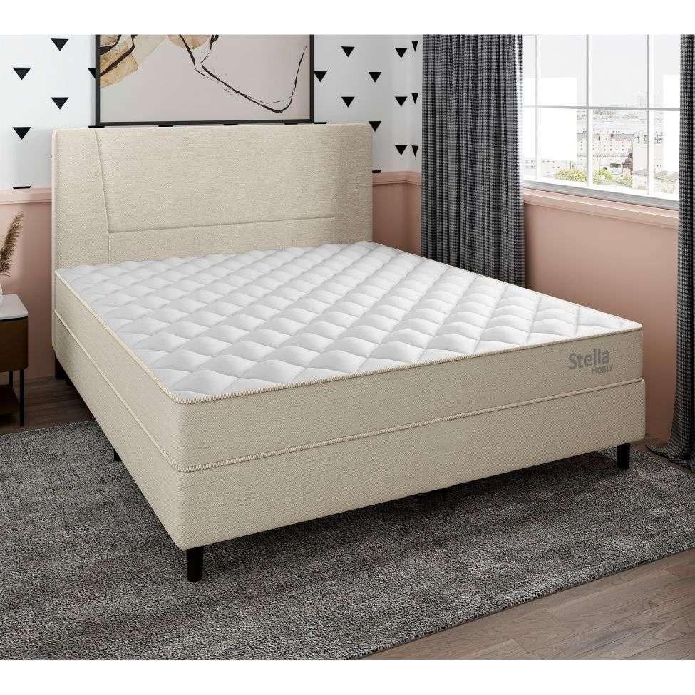 Cama Box com Cabeceira e Colchão Casal Stella Molas Ensacadas (60x138x188) Bege - 1