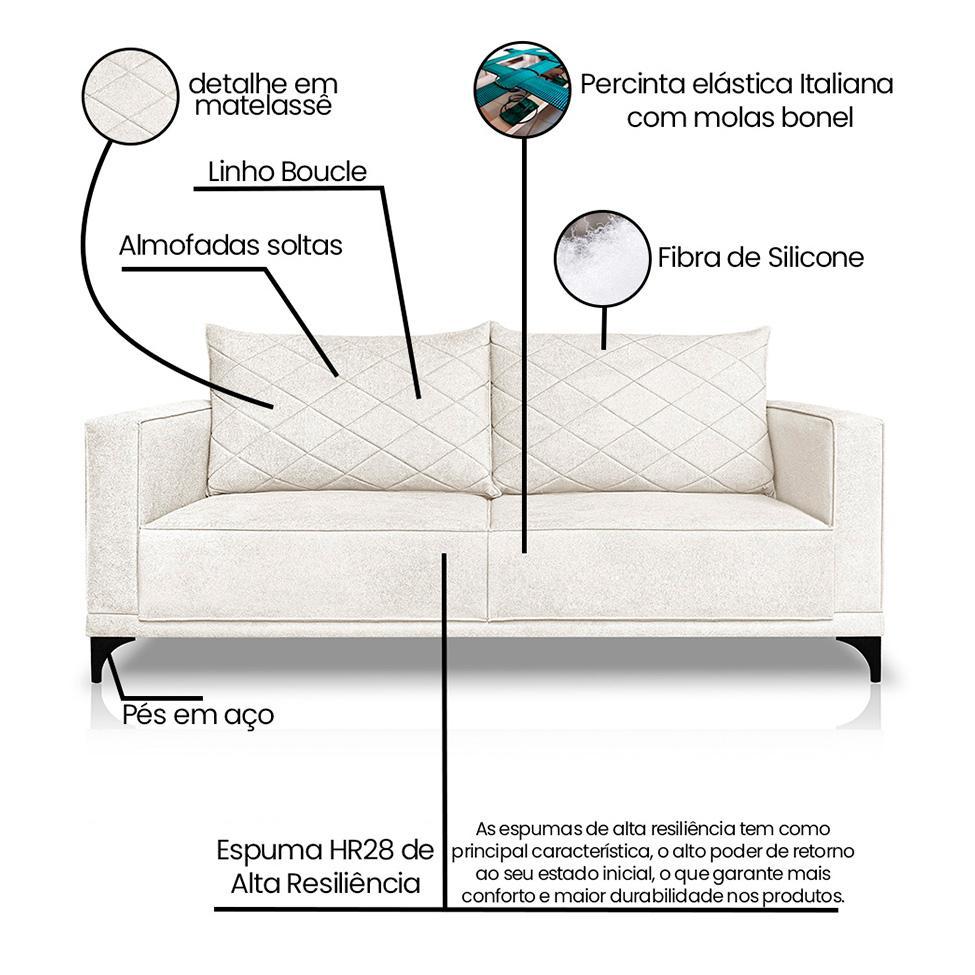 Sofá 3 Lugares Eros Linho Bouclê Off White 180 cm - 8