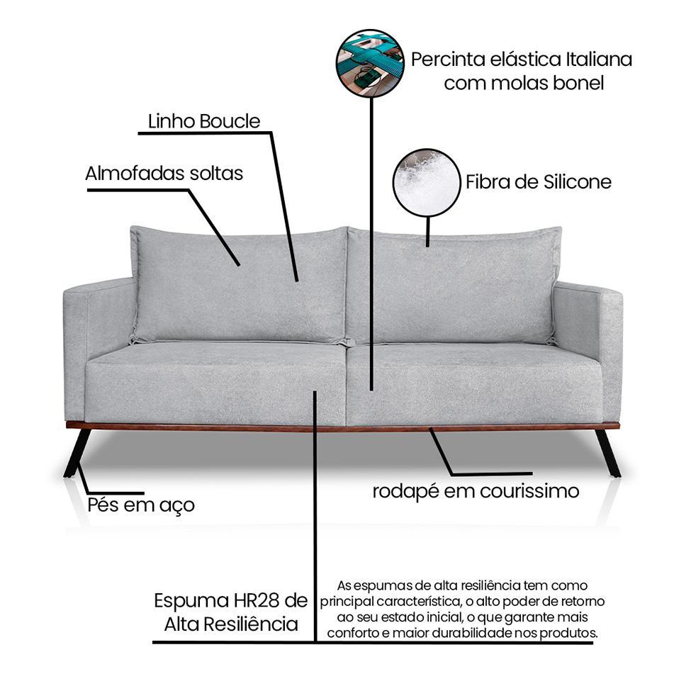 Sofá 3 Lugares Zeus Linho Bouclê Cinza Claro 180 cm - 8