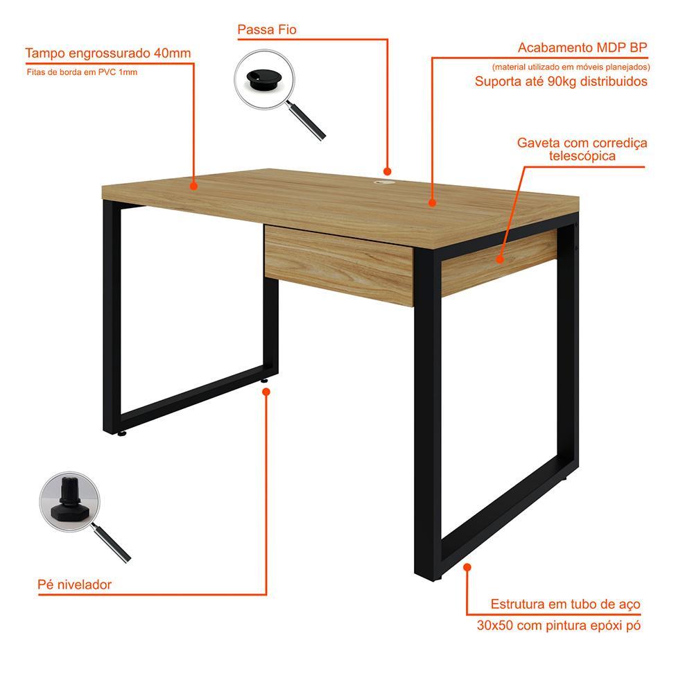 Mesa de Escritório Retangular Miguel 1 GV Vermont e Preta 120 cm - 4