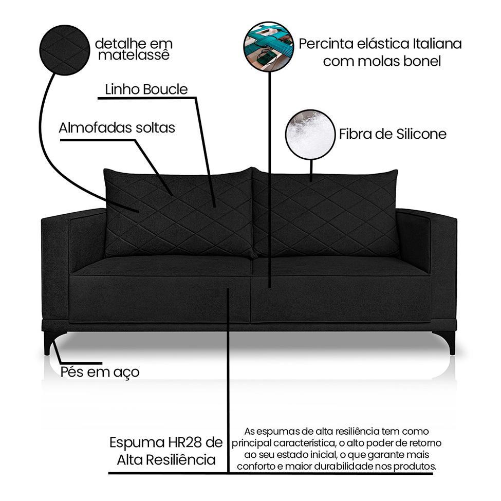 Sofá 3 Lugares Eros Linho Bouclê Preto 220 cm - 8