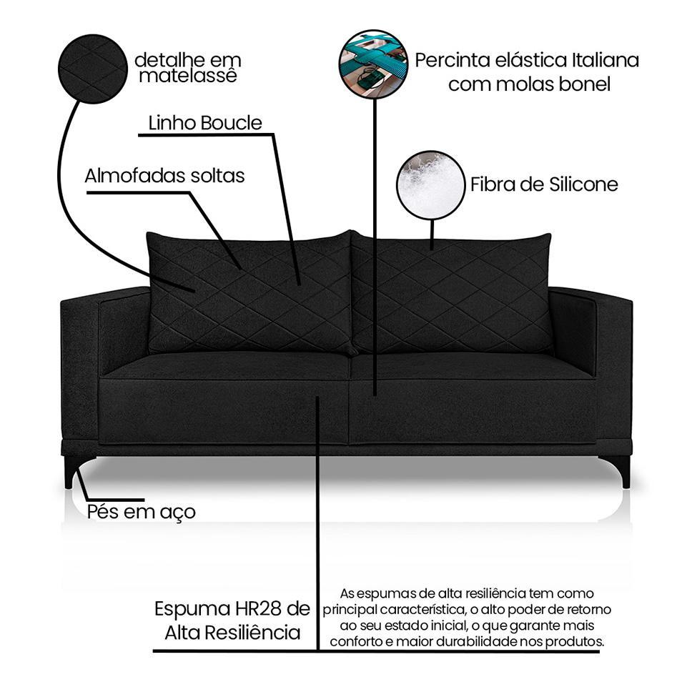 Sofá 3 Lugares Eros Linho Bouclê Preto 180 cm - 8