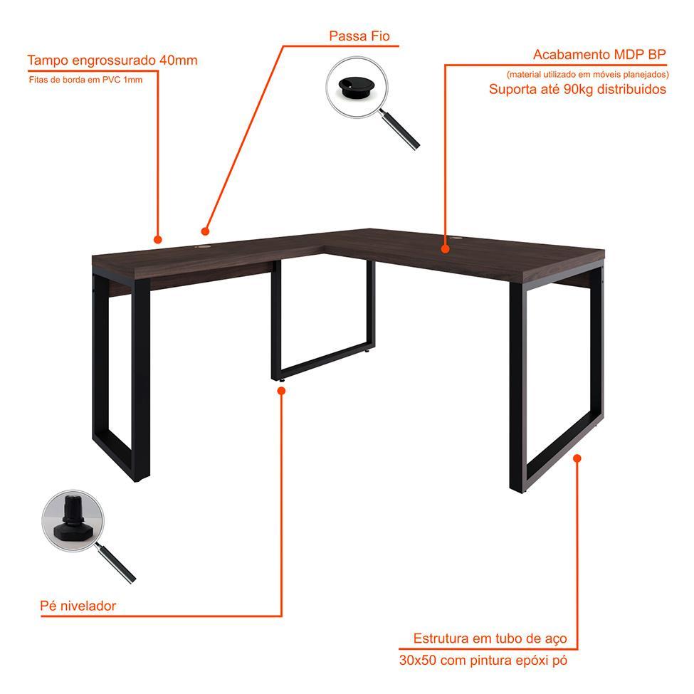 Mesa de Escritório em L Miguel Marrom Escuro e Preta 150x150 cm - 4