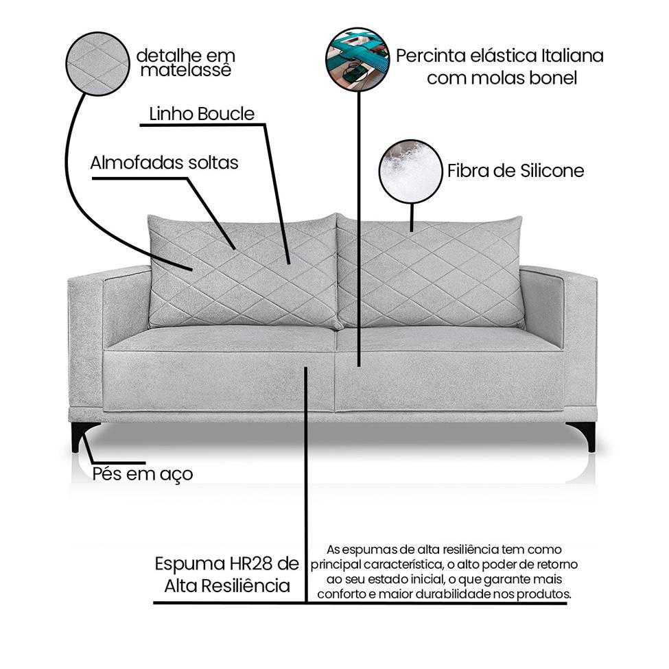 Sofá 3 Lugares Eros Linho Bouclê Cinza Claro 180 cm - 3