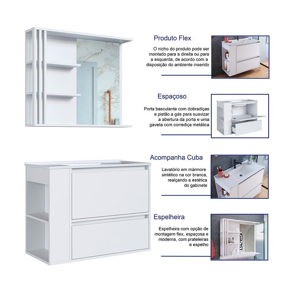 Conjunto de Gabinete com Lavatório Estela e Armário de Banheiro com Espelho 1 PT 1 GV Branco - 9