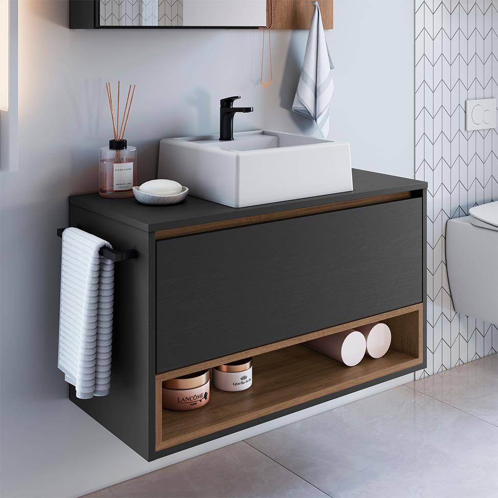 Gabinete de Banheiro com Cuba Viseu 1 PT Grafite e Mel - 4