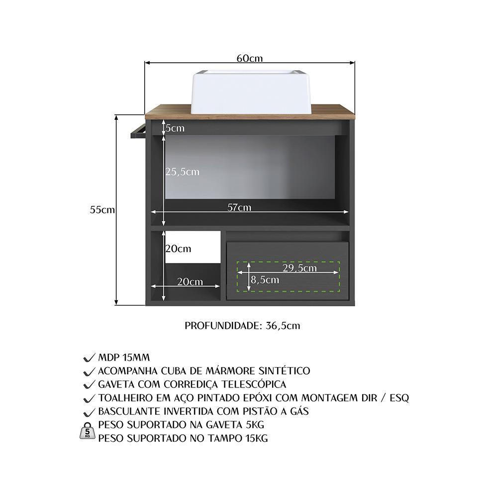 Gabinete de Banheiro com Cuba Vigo 1 PT 1 GV Grafite e Mel - 7
