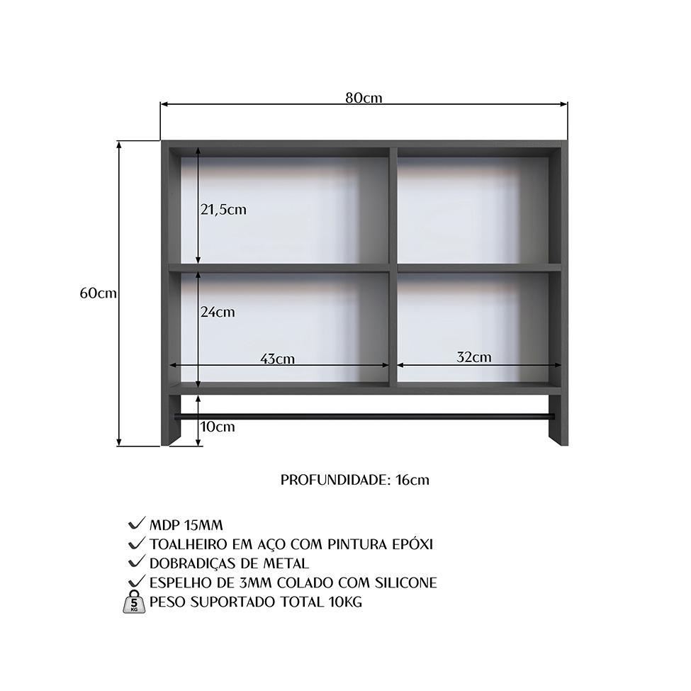 Armário de Banheiro com Espelho Orlie 1 PT Grafite - 7