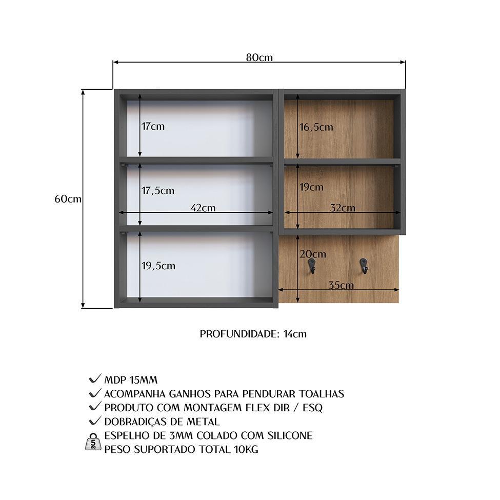 Armário de Banheiro com Espelho Berti 2 PT Mel e Grafite - 9