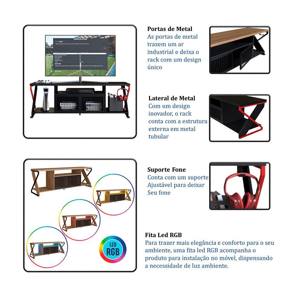 Rack Gamer para TV até 60 Polegadas Linus com LED 2 PT Preto e Vermelho - 8