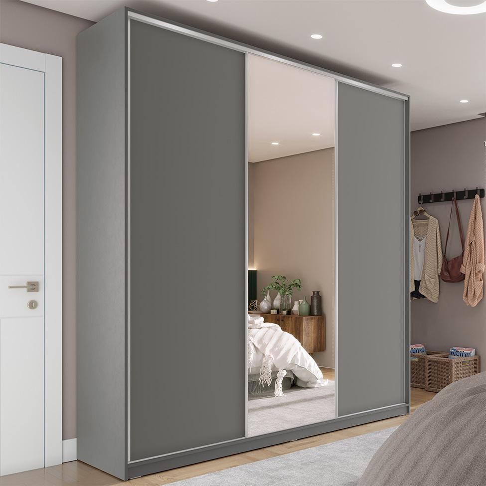 Guarda-Roupa Casal com 1 Espelho Zemartt 100% MDF 3 PT 3 GV Cinza - 1