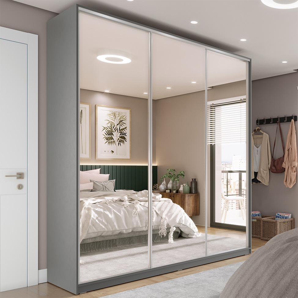 Guarda-Roupa Casal com 3 Espelhos Zemartt 100% MDF 3 PT 3 GV Cinza - 1