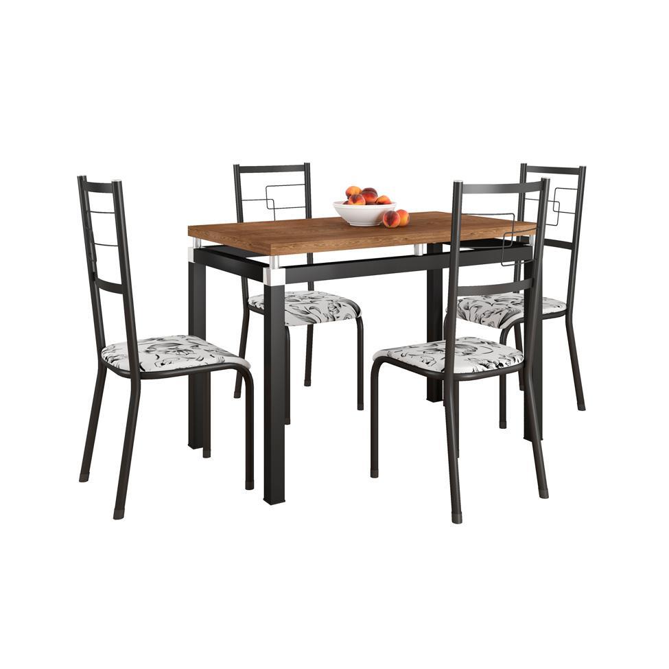 Conjunto de Mesa Retangular com Tampo de MDP Marrom Copenhague e 4 Cadeiras Monterrey Revestimento Sintético Florido Branco e Preto - 1