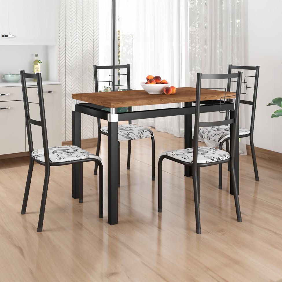 Conjunto de Mesa Retangular com Tampo de MDP Marrom Copenhague e 4 Cadeiras Monterrey Revestimento Sintético Florido Branco e Preto - 2