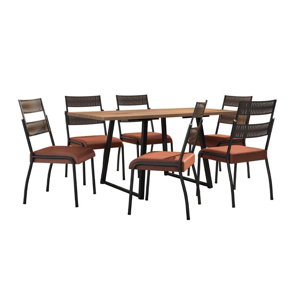 Conjunto de Mesa Retangular com Tampo de MDP Marrom Claro Atlanta e 6 Cadeiras Atenas Revestimento Sintético Terracota e Preto - 2