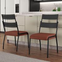 Conjunto de Mesa Retangular com Tampo de MDP Marrom Claro Atlanta e 6 Cadeiras Atenas Revestimento Sintético Terracota e Preto