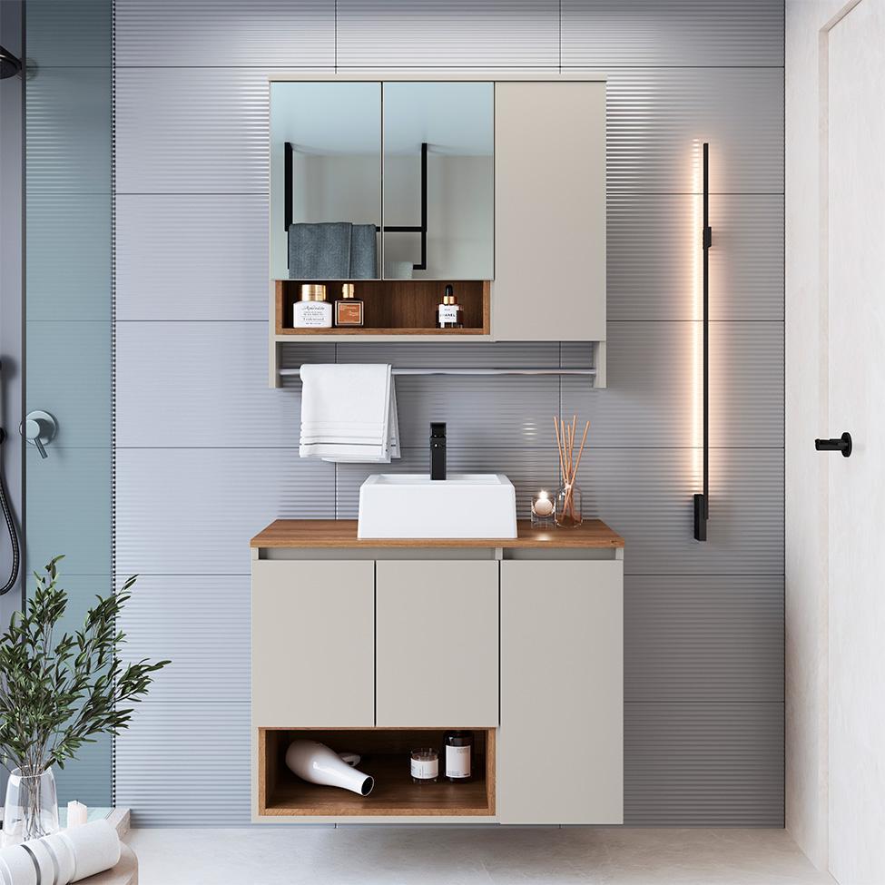 Conjunto de Gabinete com Cuba Branca e Armário de Banheiro com Espelho e Nicho Cecília 6 PT Grafite e Mel - 1