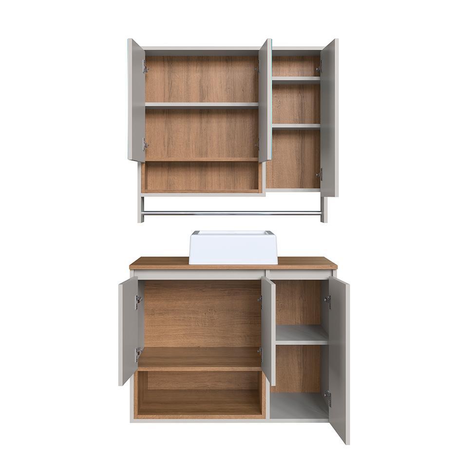 Conjunto de Gabinete com Cuba Branca e Armário de Banheiro com Espelho e Nicho Cecília 6 PT Grafite e Mel - 2