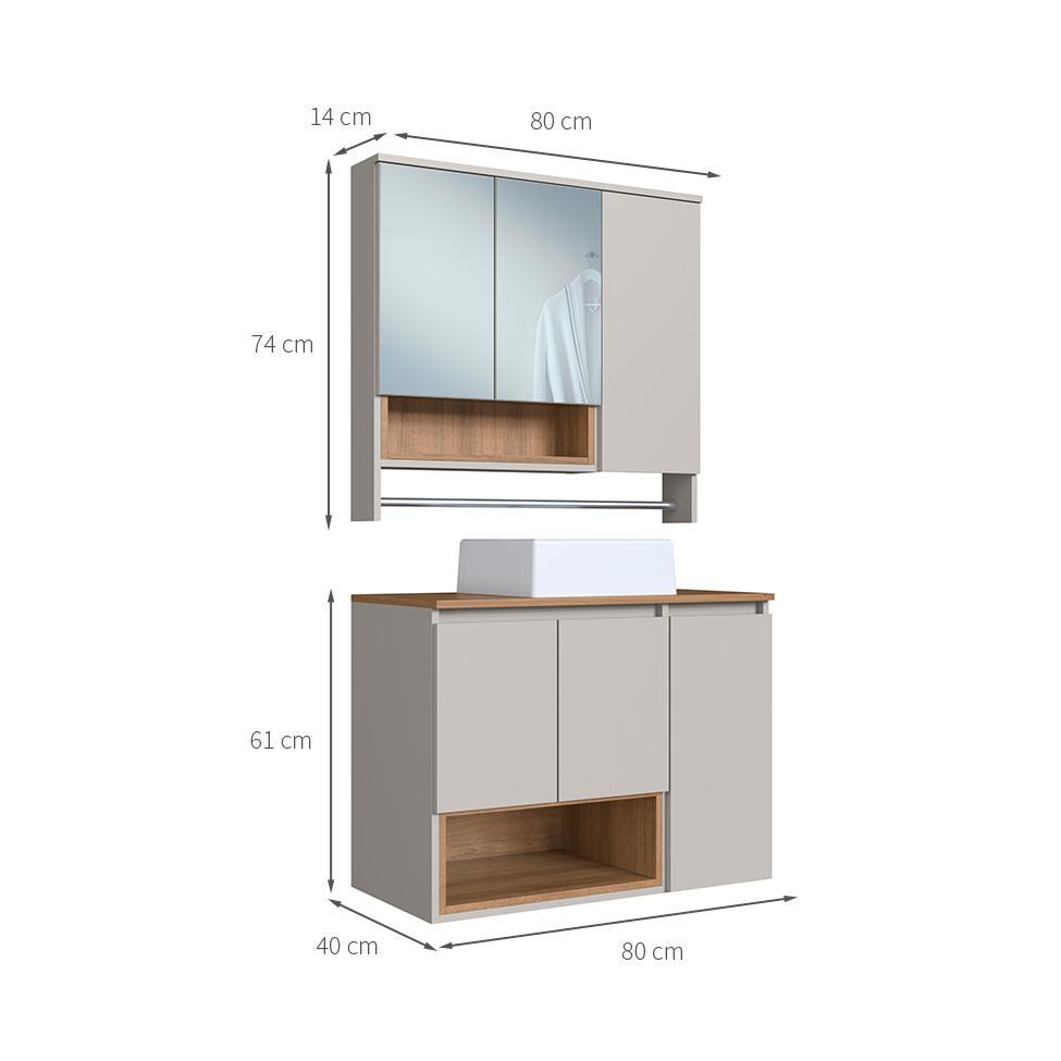 Conjunto de Gabinete com Cuba Branca e Armário de Banheiro com Espelho e Nicho Cecília 6 PT Grafite e Mel - 3