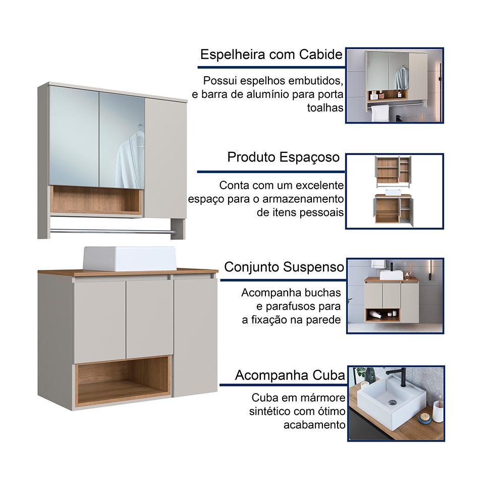 Conjunto de Gabinete com Cuba Branca e Armário de Banheiro com Espelho e Nicho Cecília 6 PT Grafite e Mel - 5