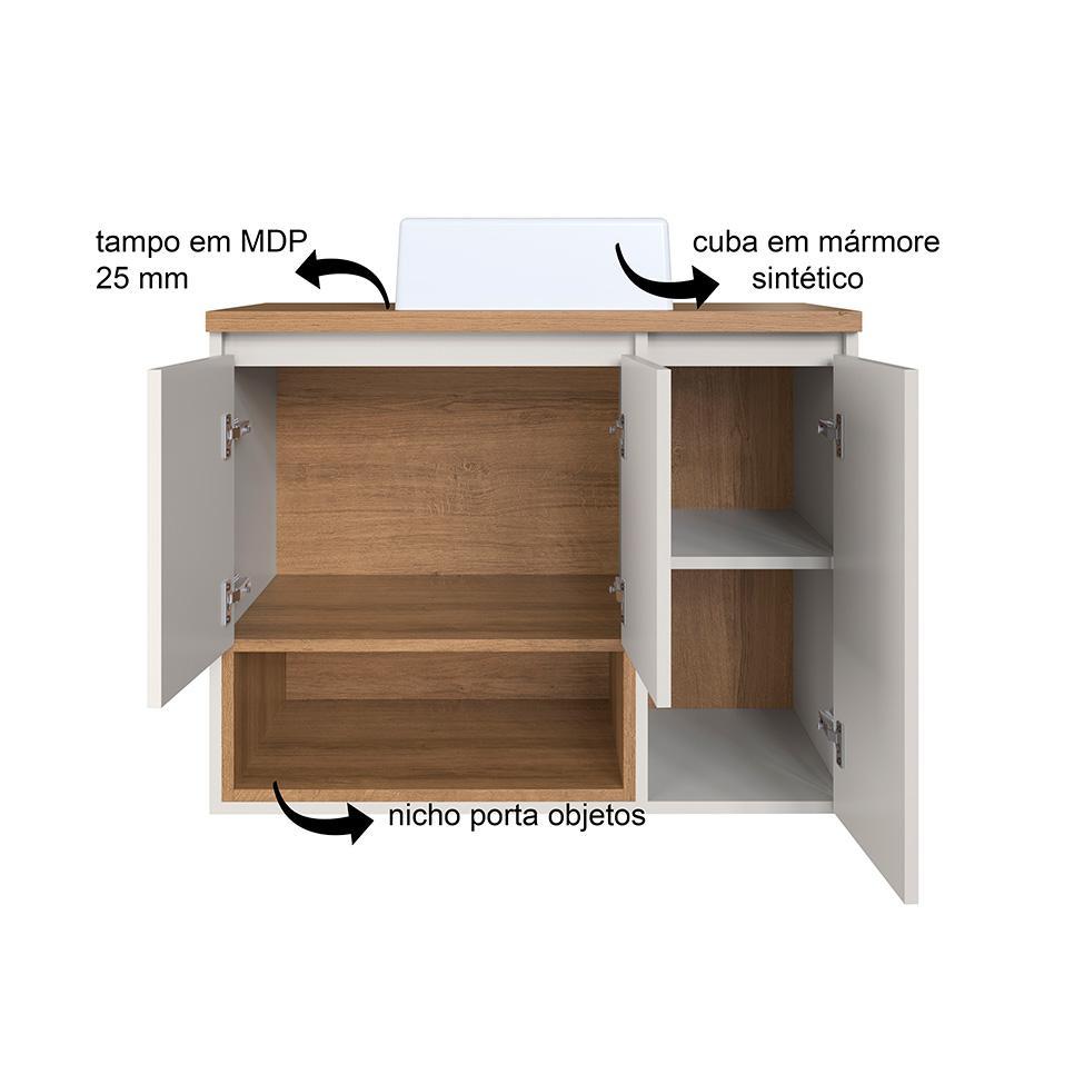 Conjunto de Gabinete com Cuba Branca e Armário de Banheiro com Espelho e Nicho Cecília 6 PT Grafite e Mel - 6