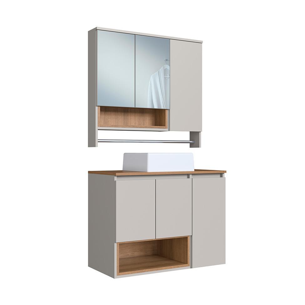 Conjunto de Gabinete com Cuba Branca e Armário de Banheiro com Espelho e Nicho Cecília 6 PT Grafite e Mel - 9