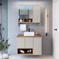 Conjunto de Gabinete com Cuba Branca e Armário de Banheiro com Espelho e Nicho Cecília 6 PT Grafite e Mel - 1