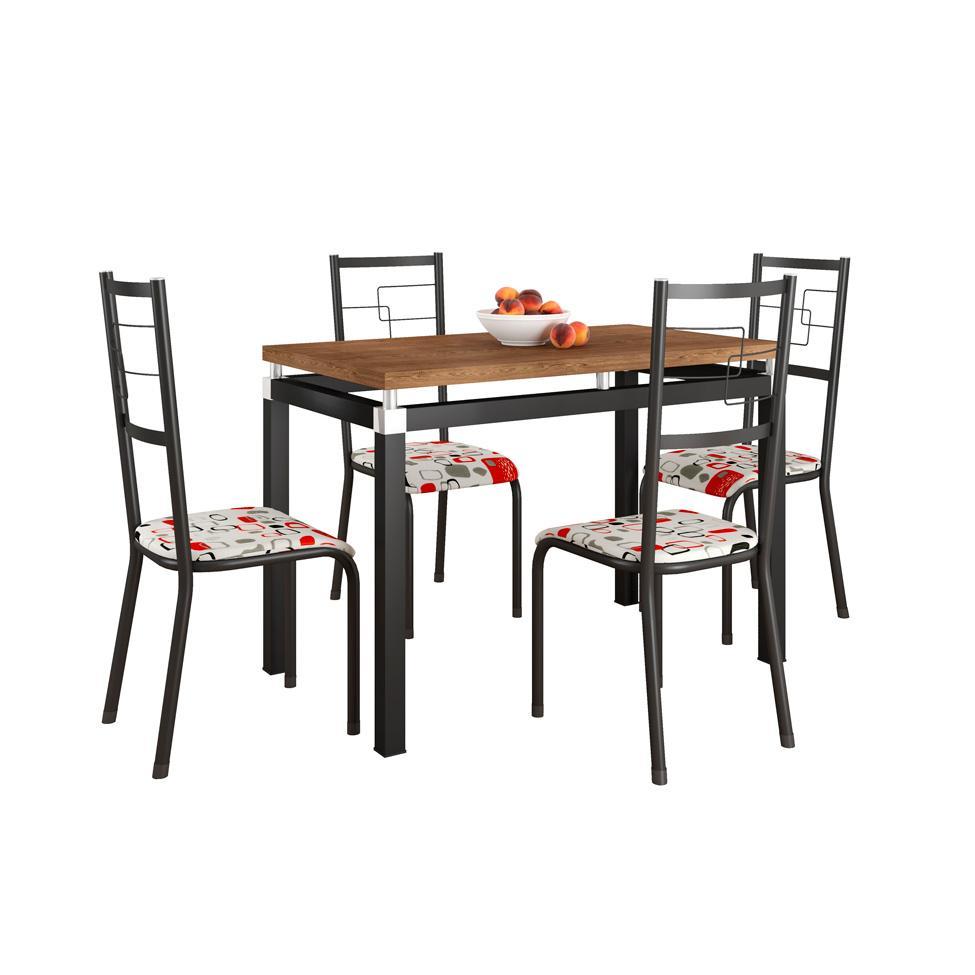 Conjunto de Mesa Retangular com Tampo de MDP Marrom Copenhague e 4 Cadeiras Monterrey Revestimento Sintético Branco e Preto - 1