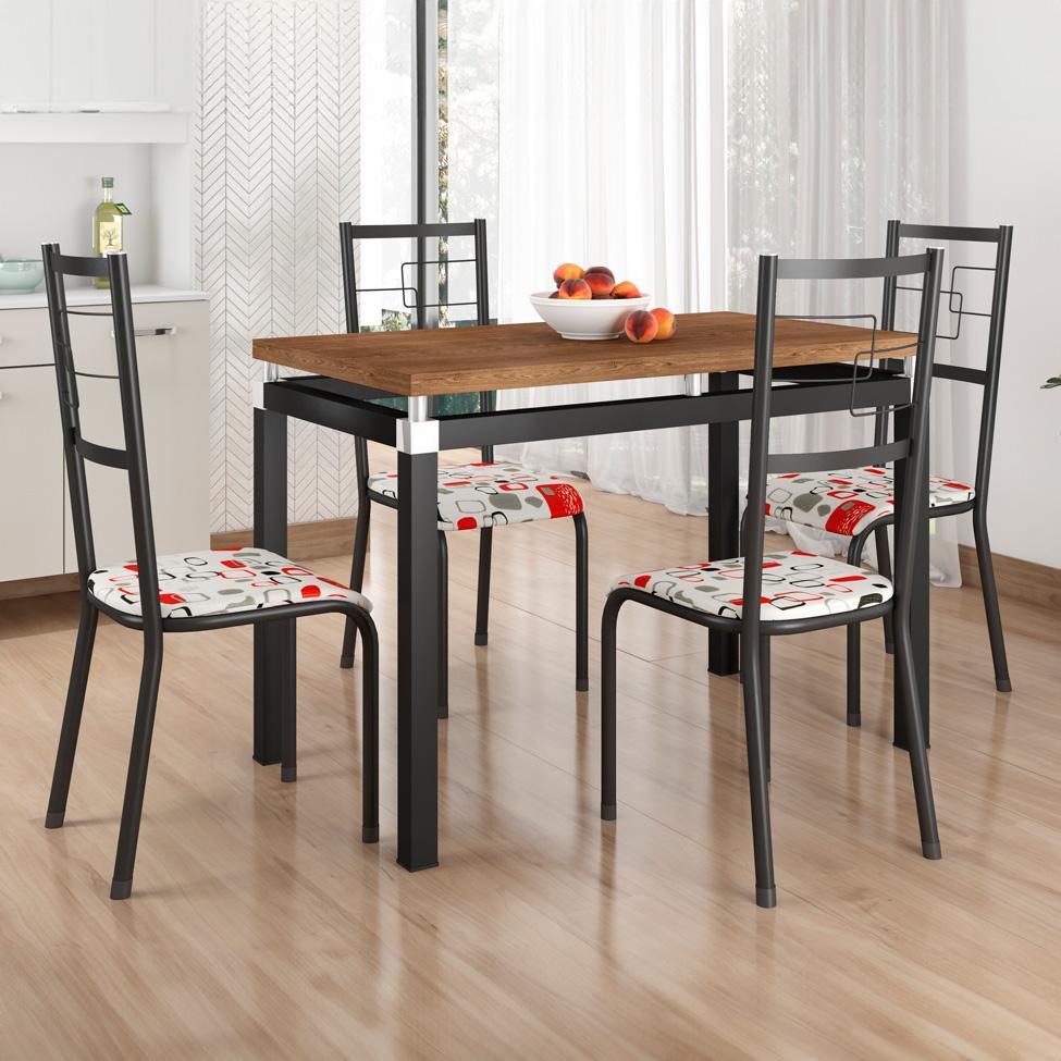 Conjunto de Mesa Retangular com Tampo de MDP Marrom Copenhague e 4 Cadeiras Monterrey Revestimento Sintético Branco e Preto - 2