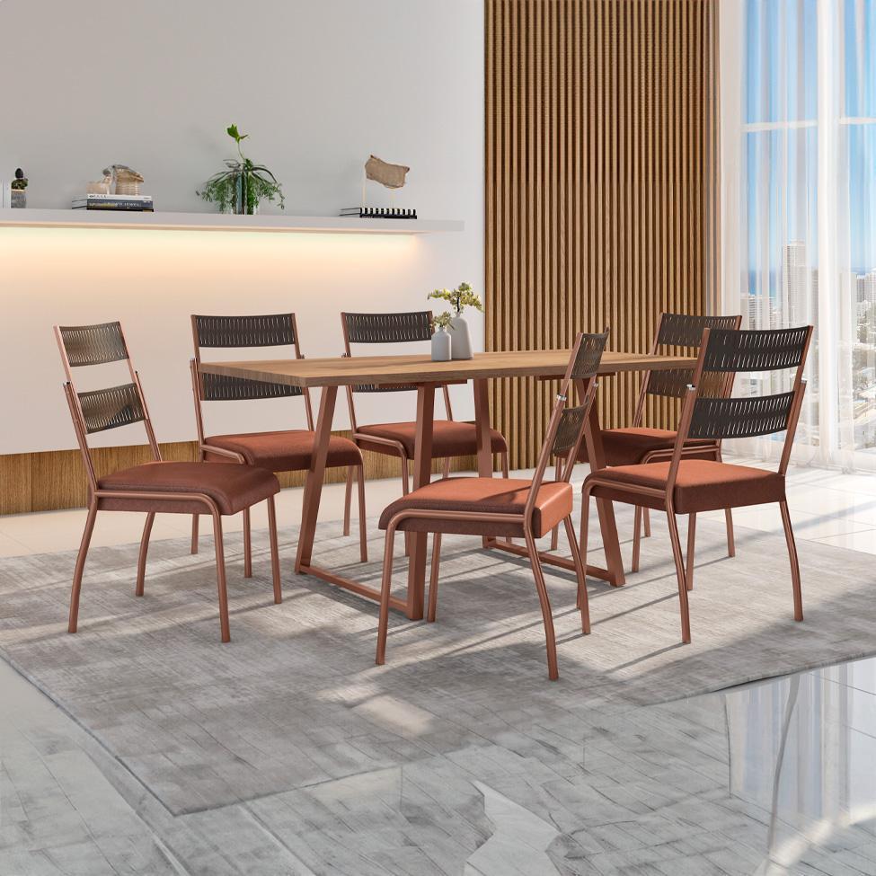 Conjunto de Mesa Retangular com Tampo de MDP Marrom Claro Atlanta e 6 Cadeiras Atenas Revestimento Sintético Terracota e Cobre - 1