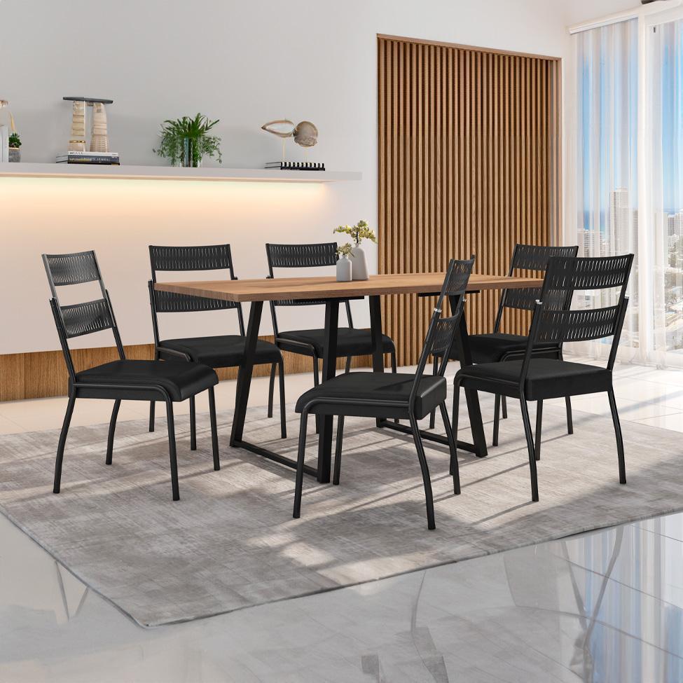 Conjunto de Mesa Retangular com Tampo de MDP Marrom Claro Atlanta e 6 Cadeiras Atenas Revestimento Sintético Preto - 1