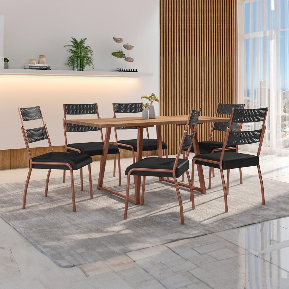 Conjunto de Mesa Retangular com Tampo de MDP Marrom Claro Atlanta e 6 Cadeiras Atenas Revestimento Sintético Preto e Cobre - 1
