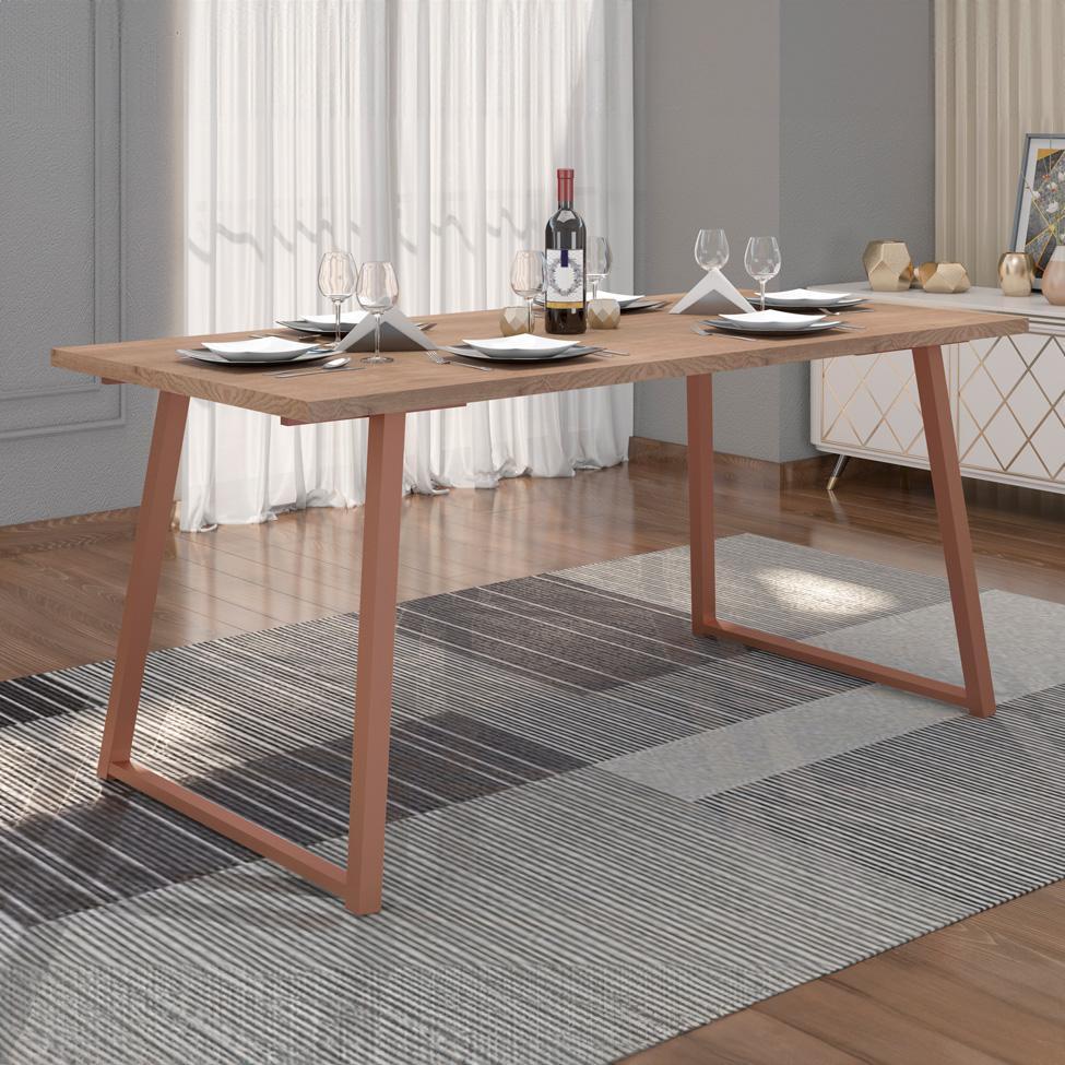 Conjunto de Mesa Retangular com Tampo de MDP Marrom Claro Atlanta e 6 Cadeiras Atenas Revestimento Sintético Preto e Cobre - 4