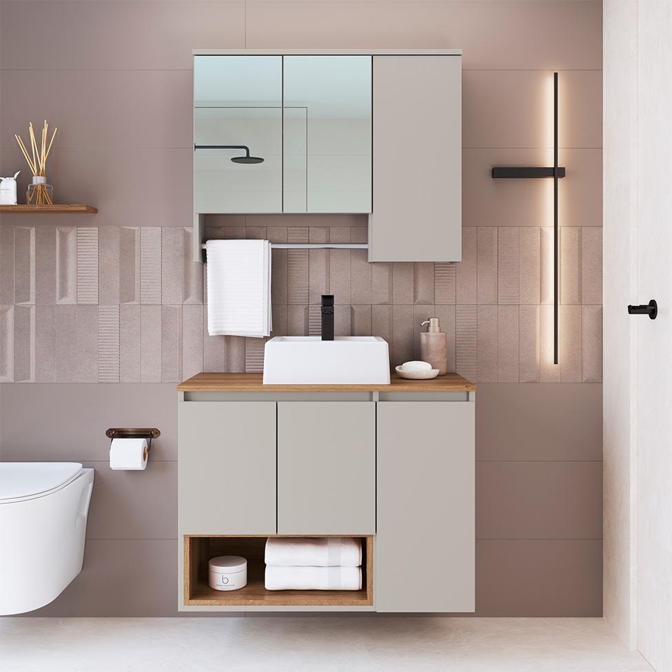 Conjunto de Gabinete com Cuba Branca e Armário de Banheiro com Espelho Cecília 6 PT Mel e Arenas - 1