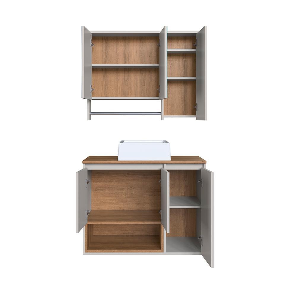 Conjunto de Gabinete com Cuba Branca e Armário de Banheiro com Espelho Cecília 6 PT Mel e Arenas - 2