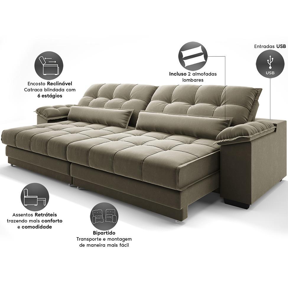 Sofá 5 Lugares Retrátil e Reclinável Majestic Veludo Fendi - 4