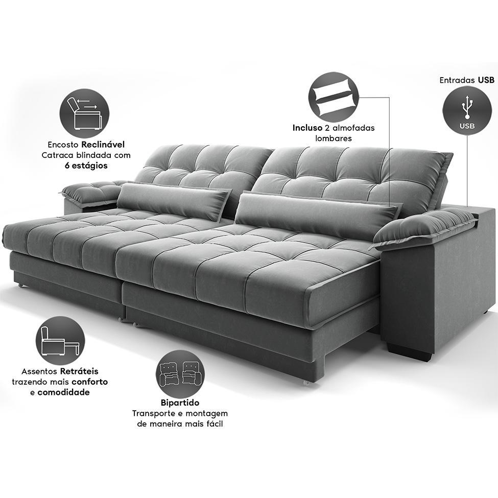 Sofá 5 Lugares Retrátil e Reclinável Majestic Veludo Cinza - 5